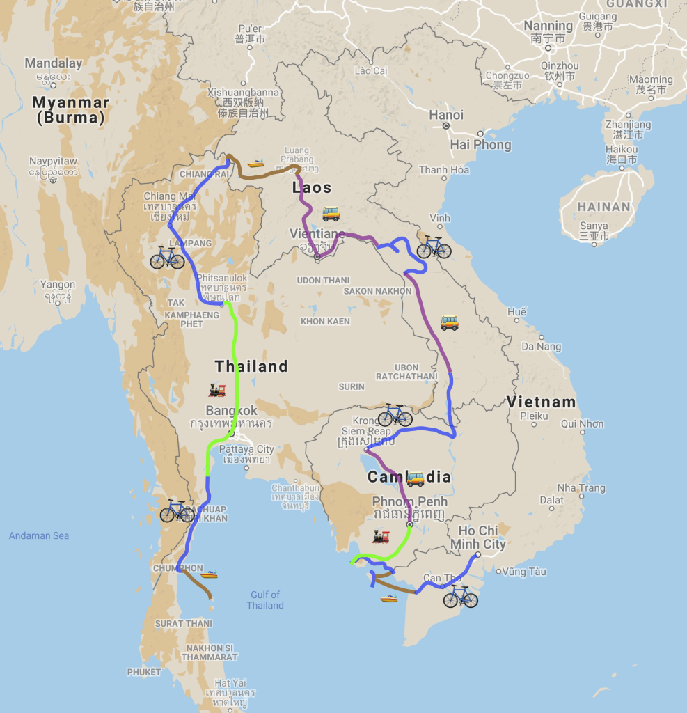 La carte de notre itinéraire en Asie du sud est